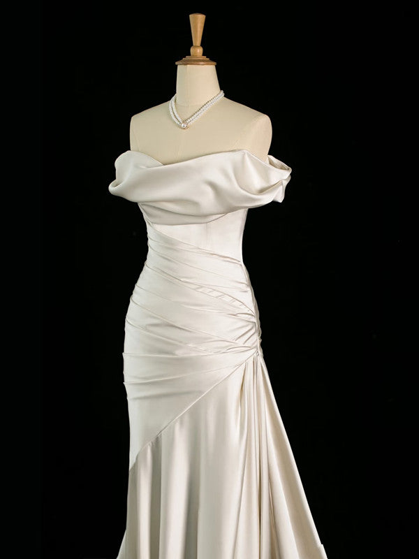 Classy Mermaid Off The Shoulder Ivory Satin Wedding Dresses With Ruffles