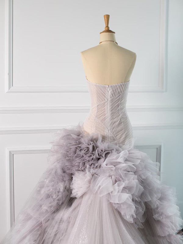 Pretty Mermaid Strapless Lilac Tulle Long Prom Dresses Party Gown Evening Dress