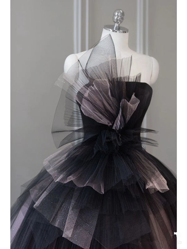 Pretty Ball Gown Strapless Black Tulle Long Prom Dresses Party Gown Evening Dress