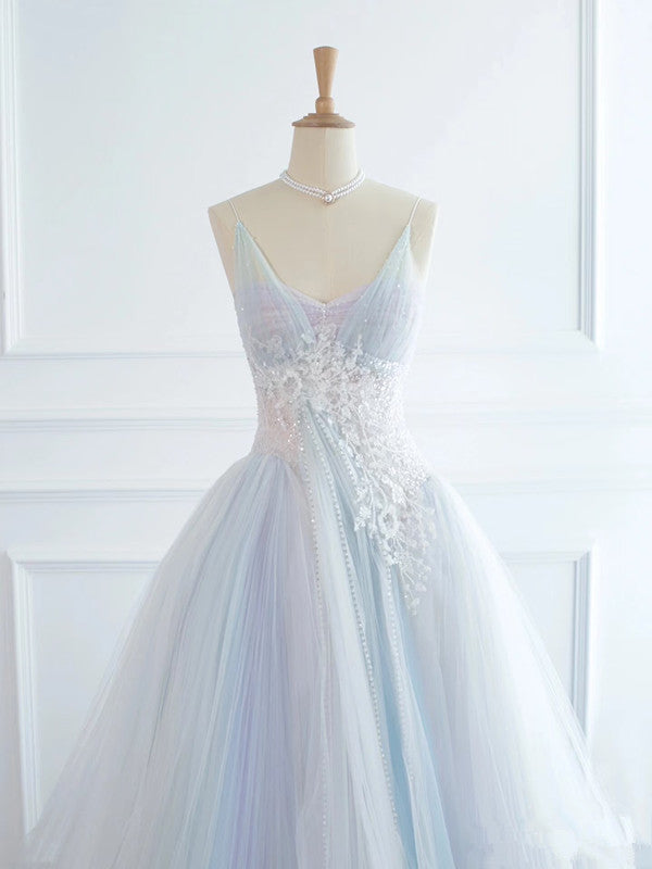 Pretty Ball Gown Spaghetti Straps Tulle Long Prom Dresses Party Gown Evening Dress