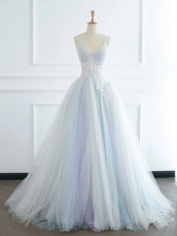 Pretty Ball Gown Spaghetti Straps Tulle Long Prom Dresses Party Gown Evening Dress
