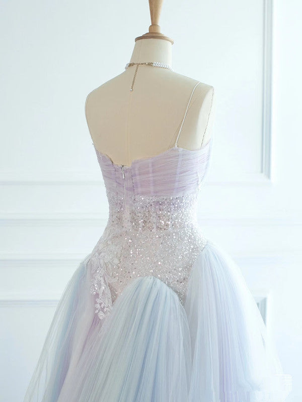 Pretty Ball Gown Spaghetti Straps Tulle Long Prom Dresses Party Gown Evening Dress