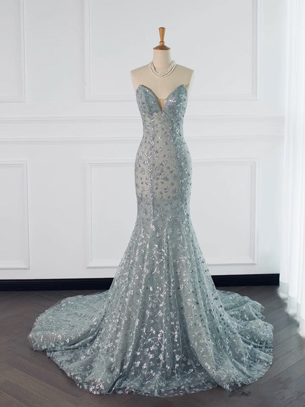 Pretty Mermaid High Neckline Sequin Long Prom Dresses Party Gown Evening Dress
