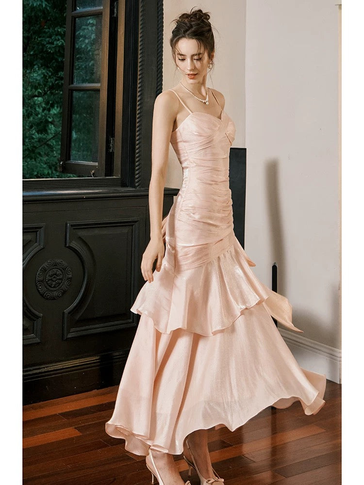 Pretty Mermaid Spaghetti Straps Pink Long Prom Dresses Party Evening Dress