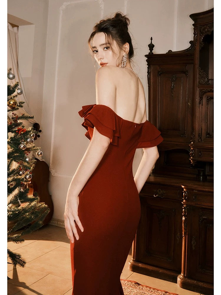 Pretty Mermaid Off The Shoulder Burgundy Satin Long Prom Dresses Party Evening Dress