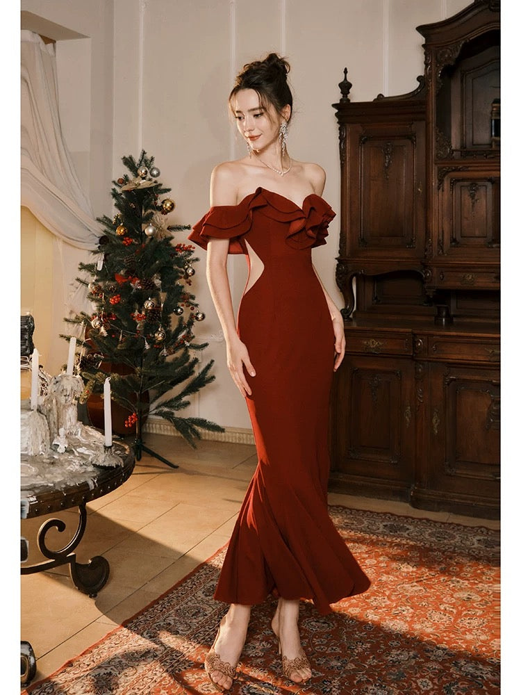 Pretty Mermaid Off The Shoulder Burgundy Satin Long Prom Dresses Party Evening Dress