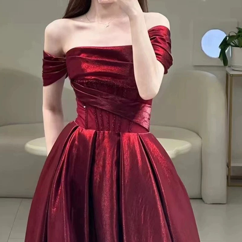 Pretty A line Off The Shoulder Burgundy Satin Long Prom Dresses Party Evening Dress
