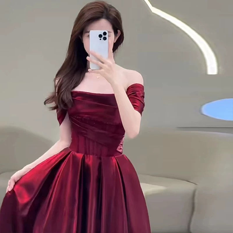 Pretty A line Off The Shoulder Burgundy Satin Long Prom Dresses Party Evening Dress
