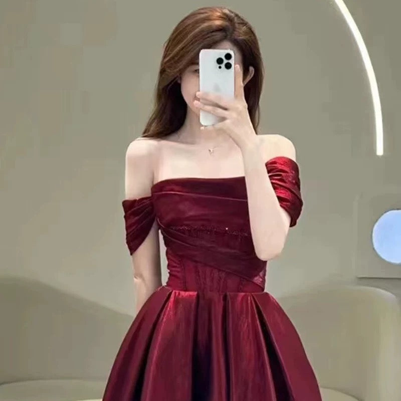 Pretty A line Off The Shoulder Burgundy Satin Long Prom Dresses Party Evening Dress