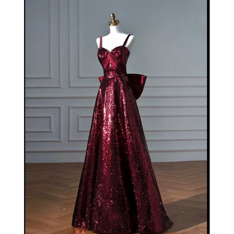 Pretty A line Spaghetti Straps Burgundy Sequin Long Prom Dresses Party Evening Dress