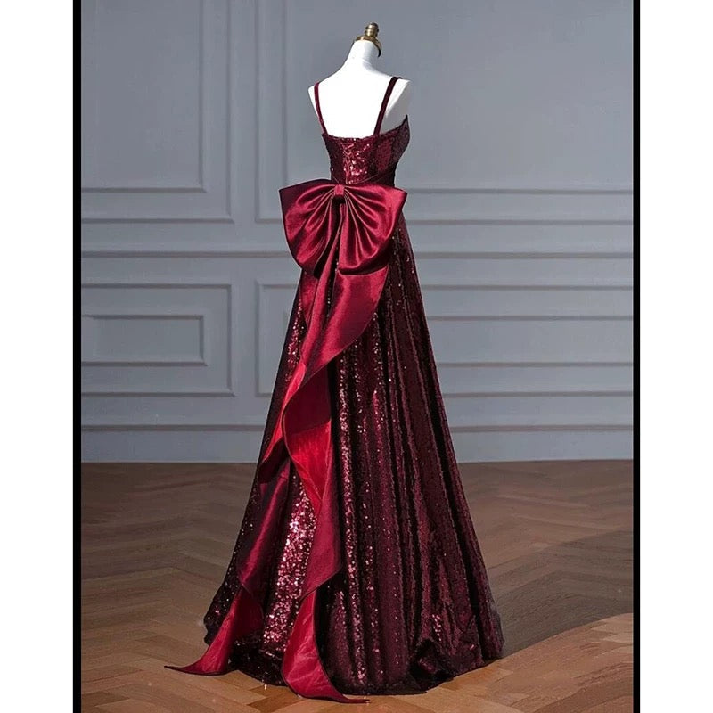 Pretty A line Spaghetti Straps Burgundy Sequin Long Prom Dresses Party Evening Dress