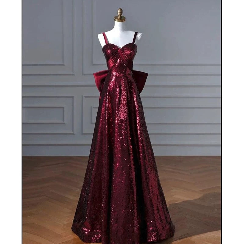 Pretty A line Spaghetti Straps Burgundy Sequin Long Prom Dresses Party Evening Dress