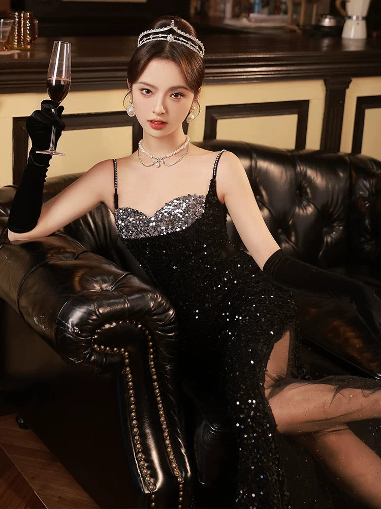 Modest Sheath Spaghetti Straps Black Sequin Long Prom Dresses Party Gown Evening Dress