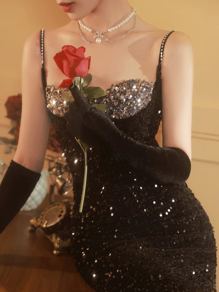 Modest Sheath Spaghetti Straps Black Sequin Long Prom Dresses Party Gown Evening Dress