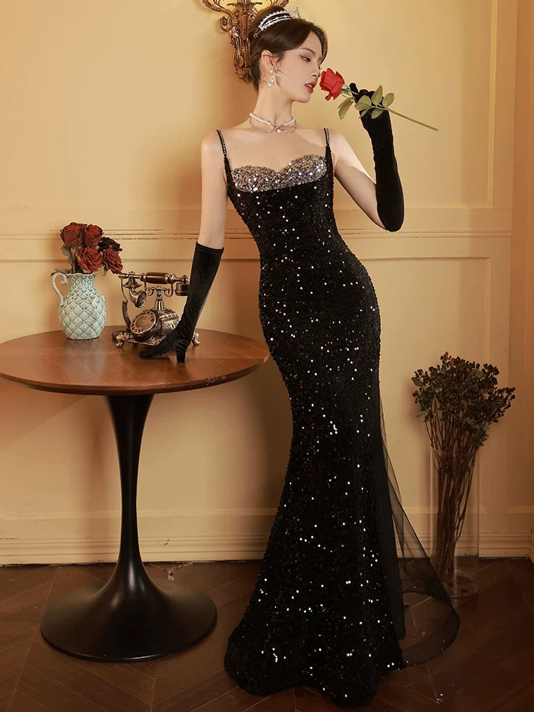 Modest Sheath Spaghetti Straps Black Sequin Long Prom Dresses Party Gown Evening Dress