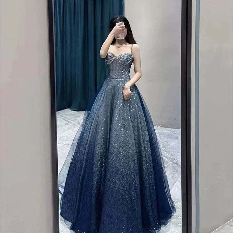 Pretty Ball Gown Spaghetti Straps Navy Blue Long Prom Dresses Party Evening Dress