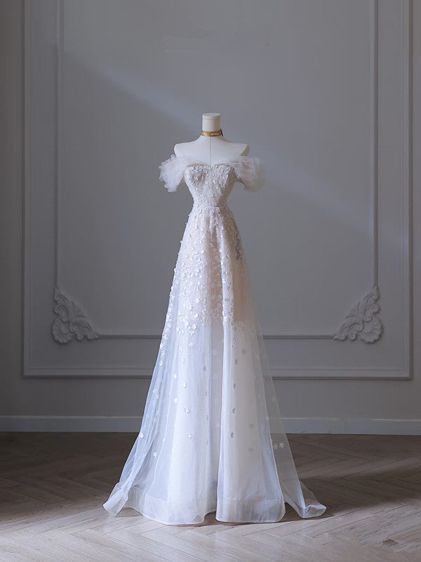Pretty A Line Off The Shoulder White Tulle Floral Long Prom Dresses Party Evening Dress