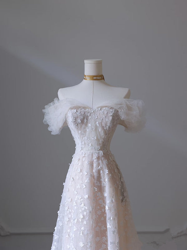 Pretty A Line Off The Shoulder White Tulle Floral Long Prom Dresses Party Evening Dress