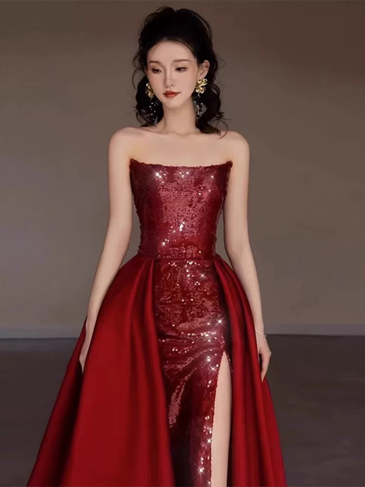 Modest Mermaid Strapless Burgundy Floor Length Evening Dress Sequin Prom Dresses