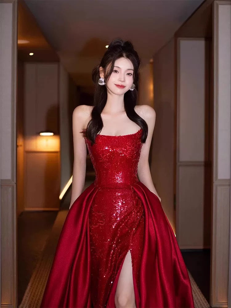 Sexy Mermaid Red Sleeveless Long Sequin Slit Prom Dress Evening Dresses