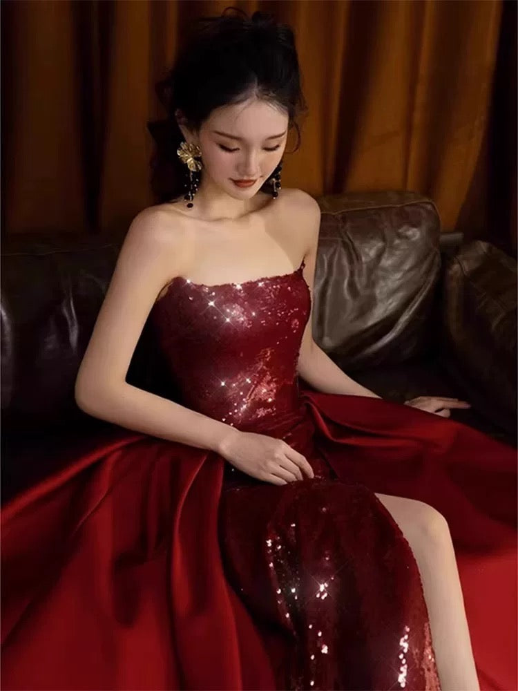 Sexy Mermaid Red Sleeveless Long Sequin Slit Prom Dress Evening Dresses
