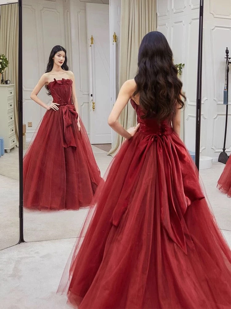 Pretty A line Strapless Burgundy Tulle Long Prom Dresses Party Evening Dress