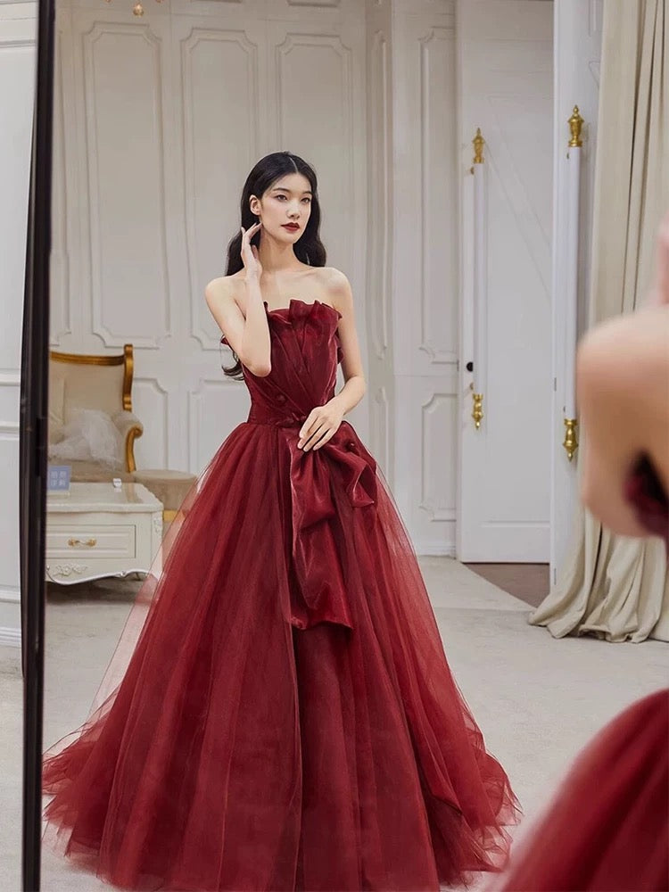 Pretty A line Strapless Burgundy Tulle Long Prom Dresses Party Evening Dress