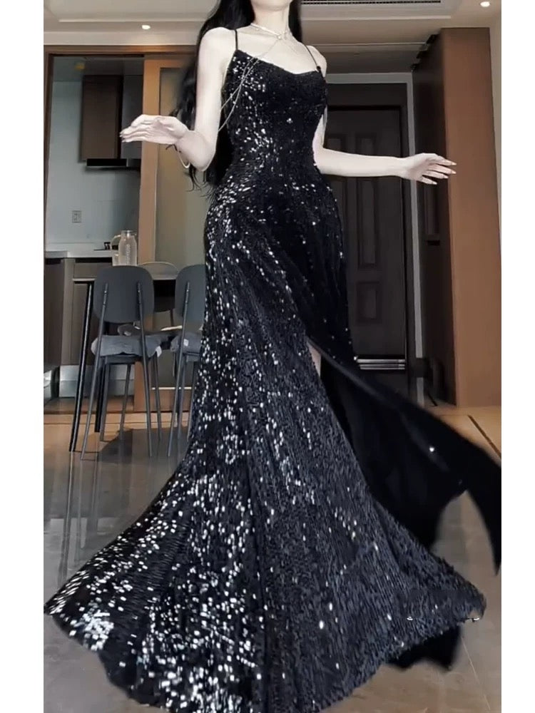 Sexy Mermaid Spaghetti Straps Sequin Black Long Prom Dresses