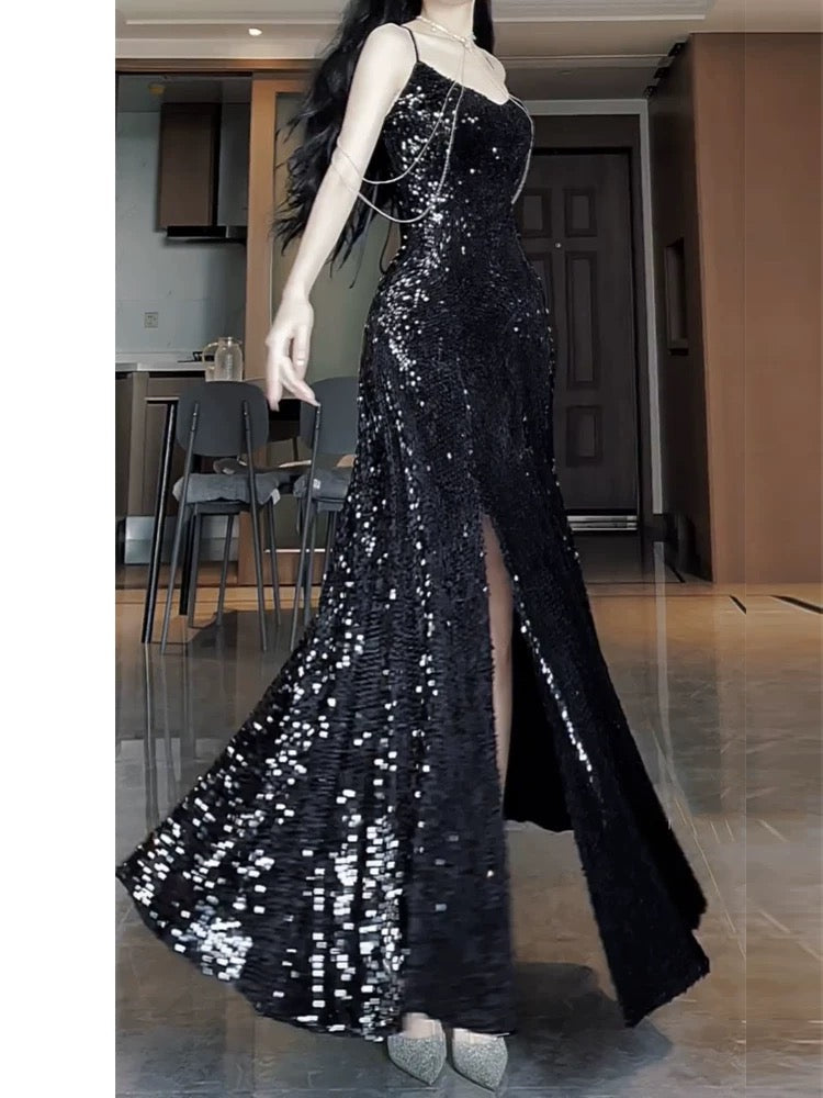 Sexy Mermaid Spaghetti Straps Sequin Black Long Prom Dresses