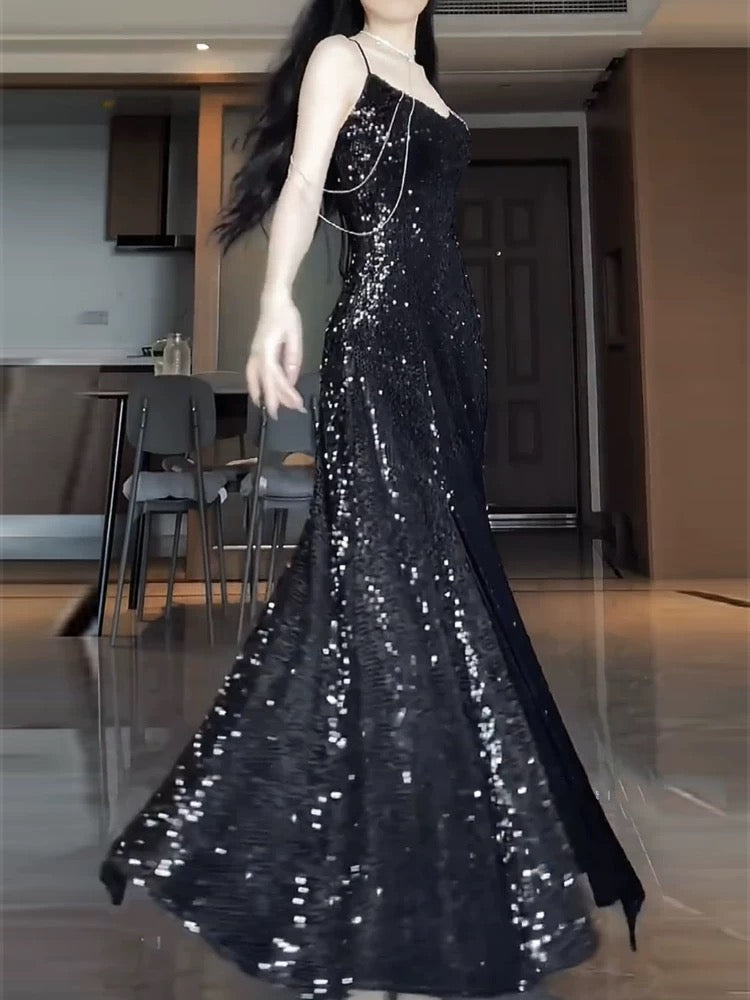 Sexy Mermaid Spaghetti Straps Sequin Black Long Prom Dresses