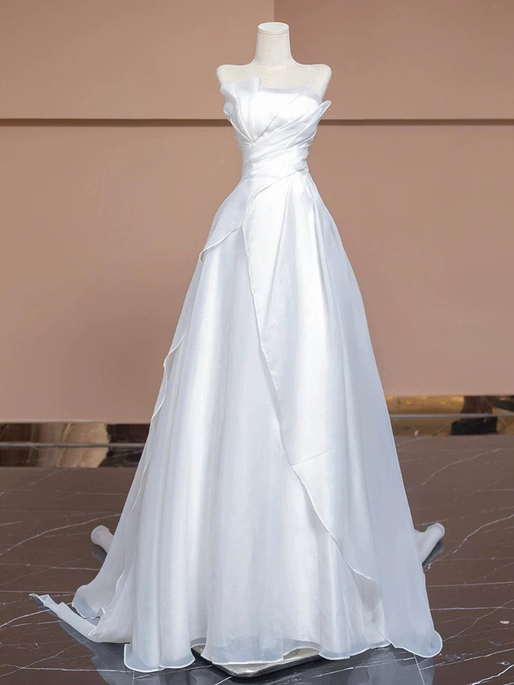 Chic A Line Strapless White Long Wedding Dresses With Ruffles