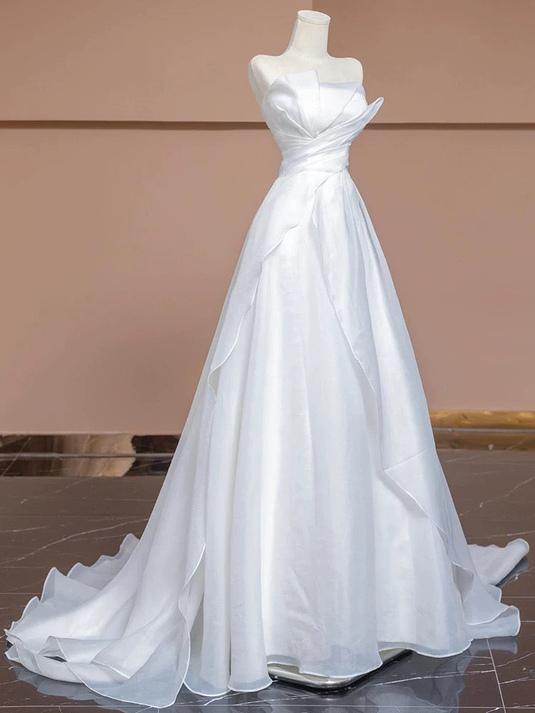 Chic A Line Strapless White Long Wedding Dresses With Ruffles
