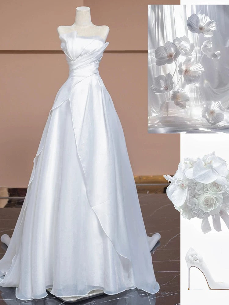 Chic A Line Strapless White Long Wedding Dresses With Ruffles
