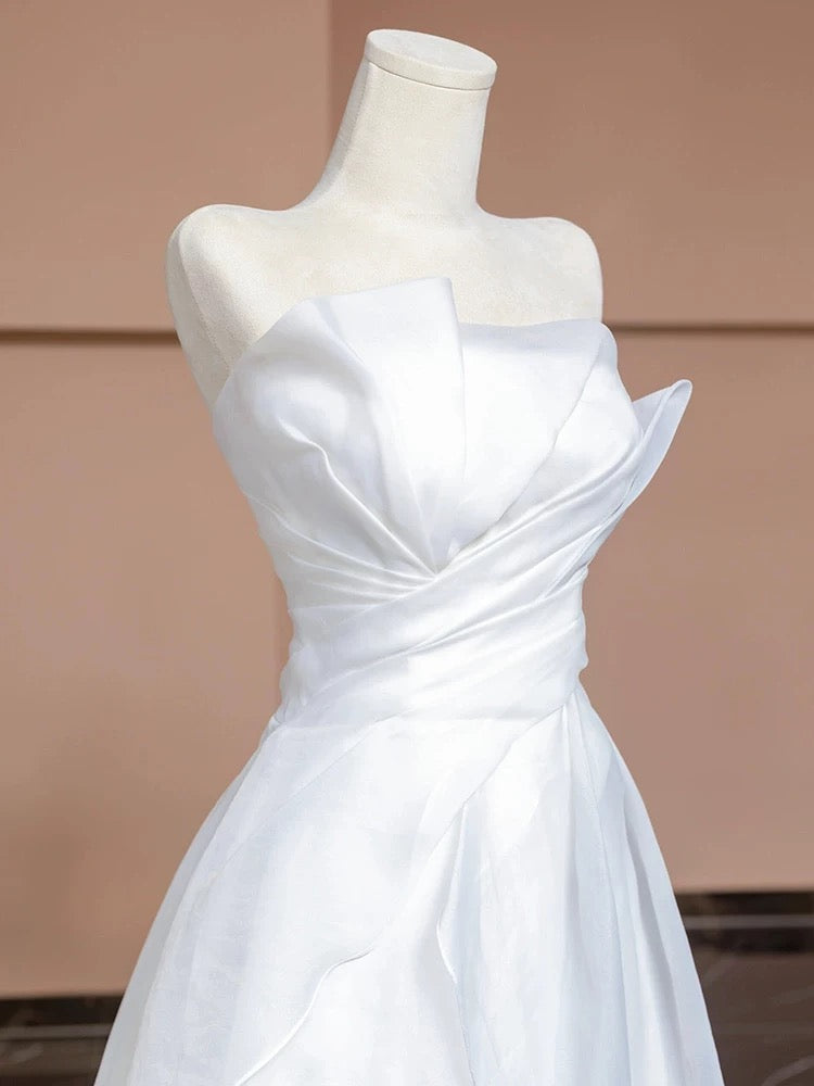Chic A Line Strapless White Long Wedding Dresses With Ruffles