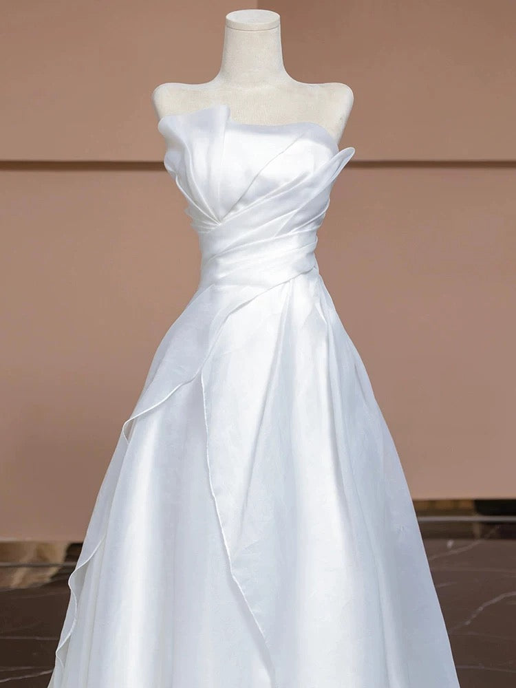 Chic A Line Strapless White Long Wedding Dresses With Ruffles