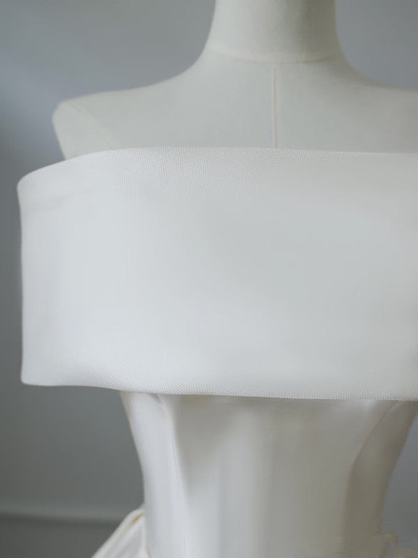 Simple A Line Off The Shoulder White Satin Bridal Dress Wedding dress With Ruffles