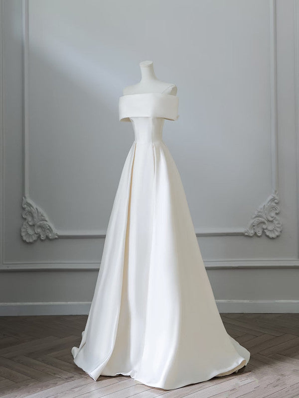 Simple A Line Off The Shoulder White Satin Bridal Dress Wedding dress With Ruffles