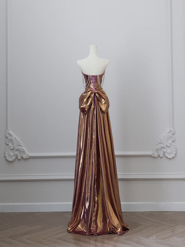 Pretty A line Strapless Sequin Long Prom Dresses Party Evening Dress With Bow