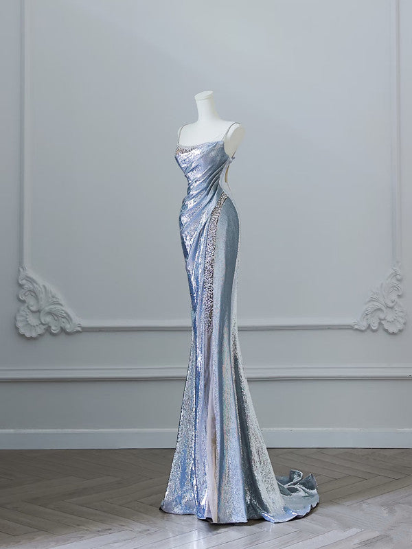 Sexy Mermaid Spaghetti Straps Silver Sequin Long Prom Dresses