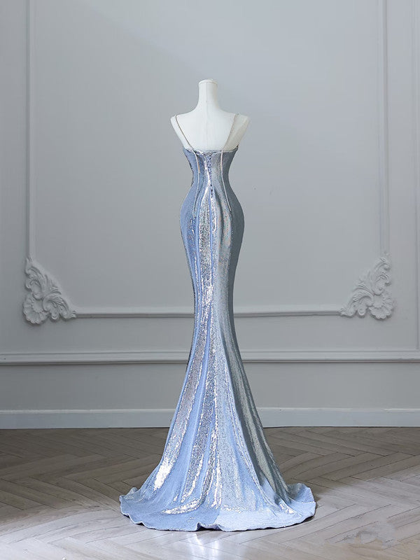 Pretty Mermaid Spaghetti Straps Sequin Blue Long Prom Dresses Party Evening Dress