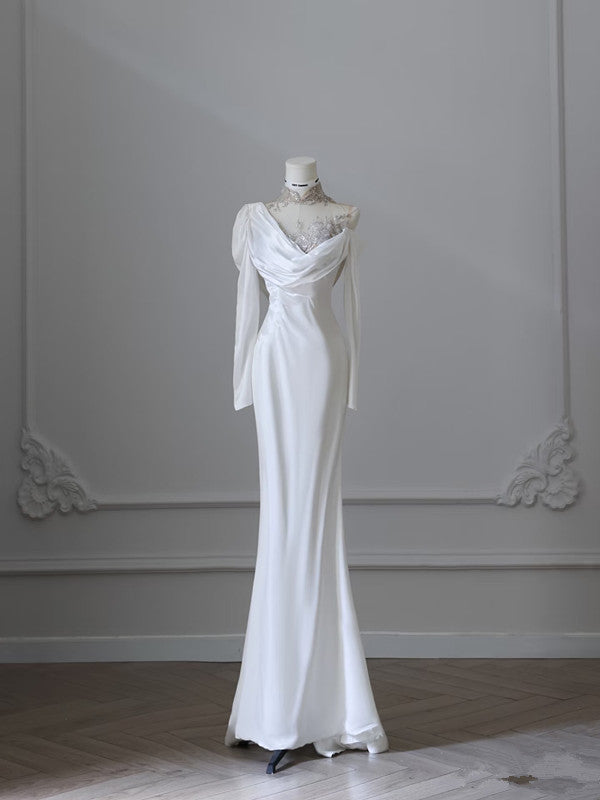 Vintage Mermaid High Neckline White Satin Sequin Appliques Wedding Dresses