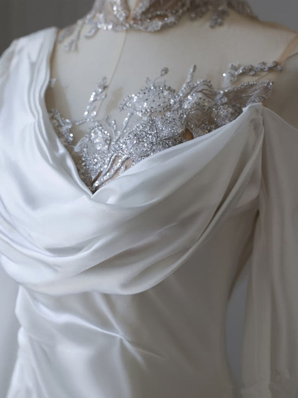 Vintage Mermaid High Neckline White Satin Sequin Appliques Wedding Dresses