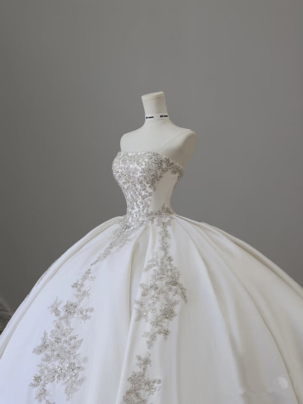 Unique Ball Gown Strapless White Lace Satin Long Wedding Dresses Brides Dress