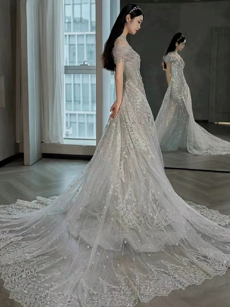 Timeless Mermaid Off The Shoulder White Tulle Sequin Long Wedding Dresses
