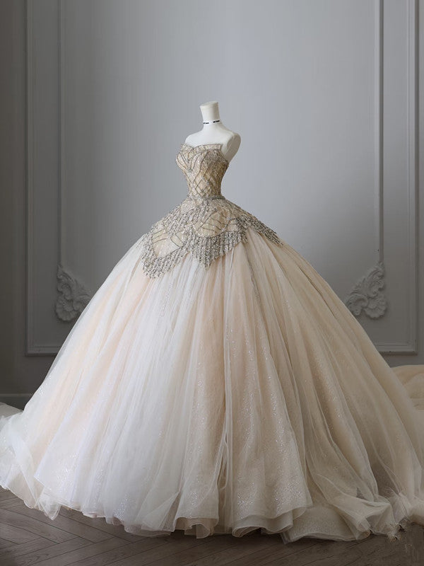 Unique Ball Gown Strapless Tulle Champagne Long Wedding Dresses Brides Dress