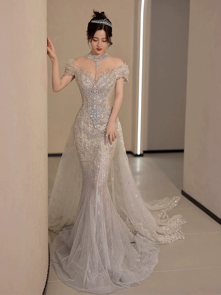 Timeless Mermaid Off The Shoulder White Tulle Sequin Long Wedding Dresses