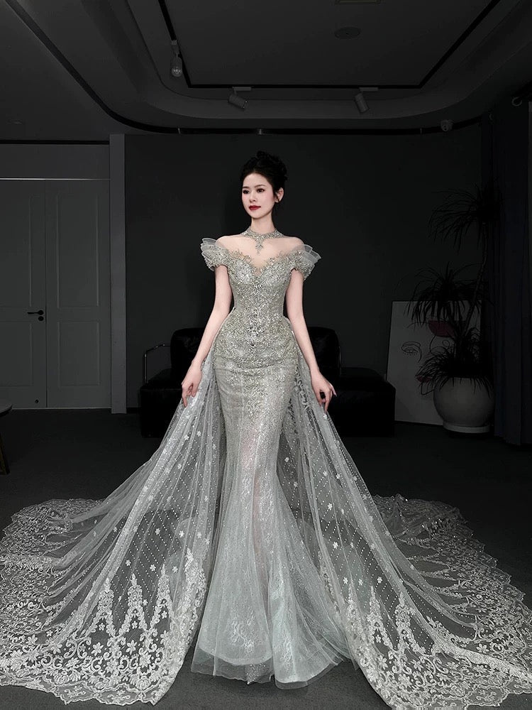 Timeless Mermaid Off The Shoulder White Tulle Sequin Long Wedding Dresses