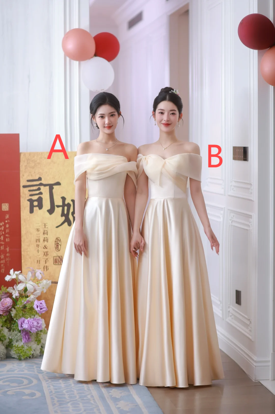 Champagne A Line Elegant Off The Shoulder Satin Long Bridesmaid Dress
