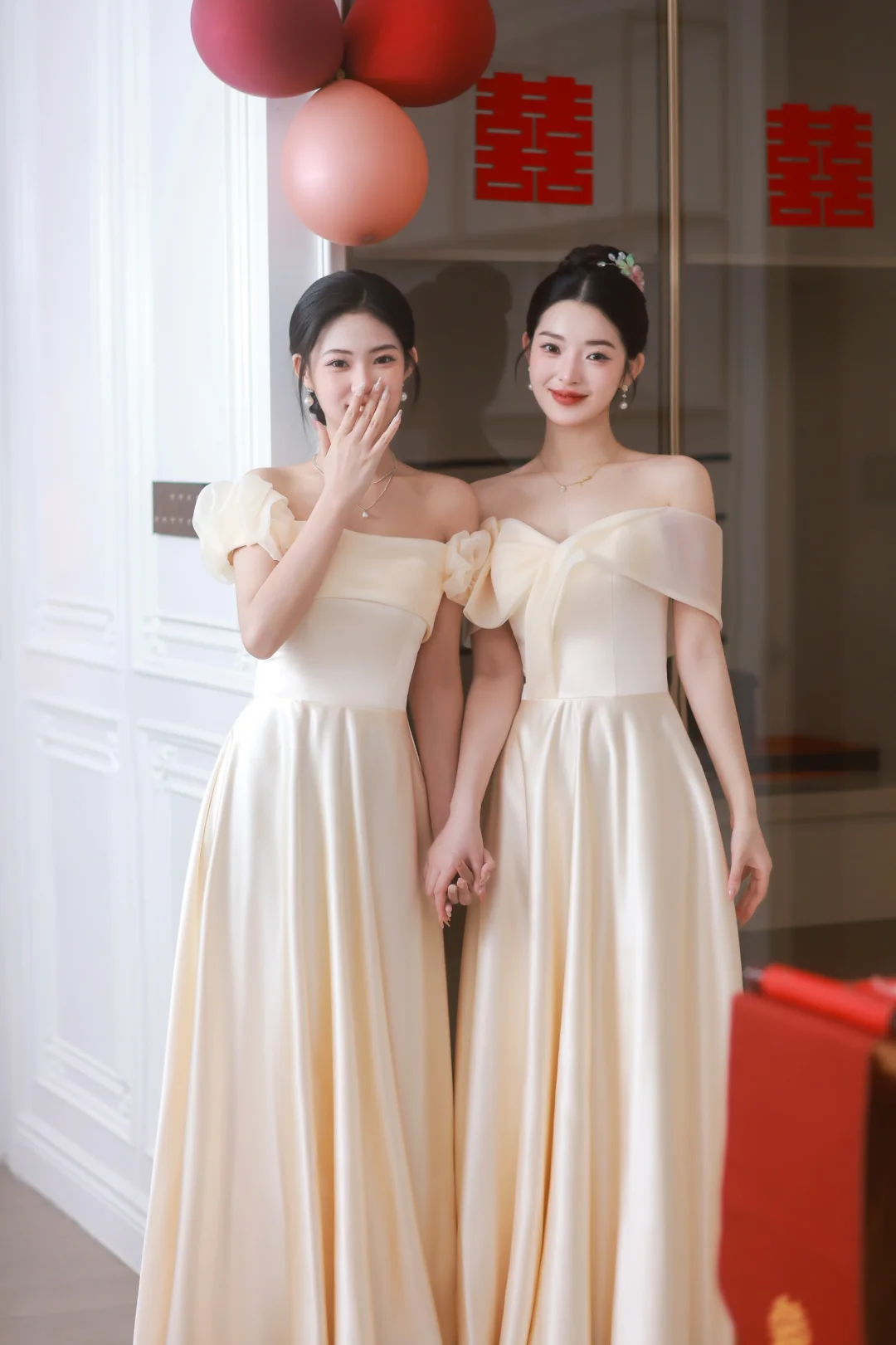 Champagne A Line Elegant Off The Shoulder Satin Long Bridesmaid Dress
