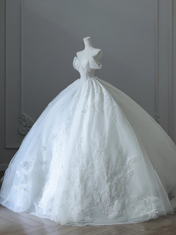 Unique Ball Gown Strapless Tulle White Long Off The Shoulder Wedding Dresses Brides Dress